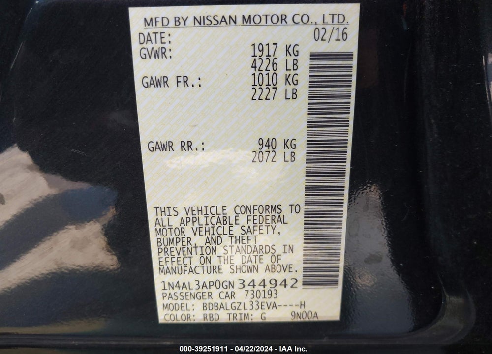 2016 NISSAN ALTIMA 2.5 S VIN: 1N4AL3AP0GN344942
