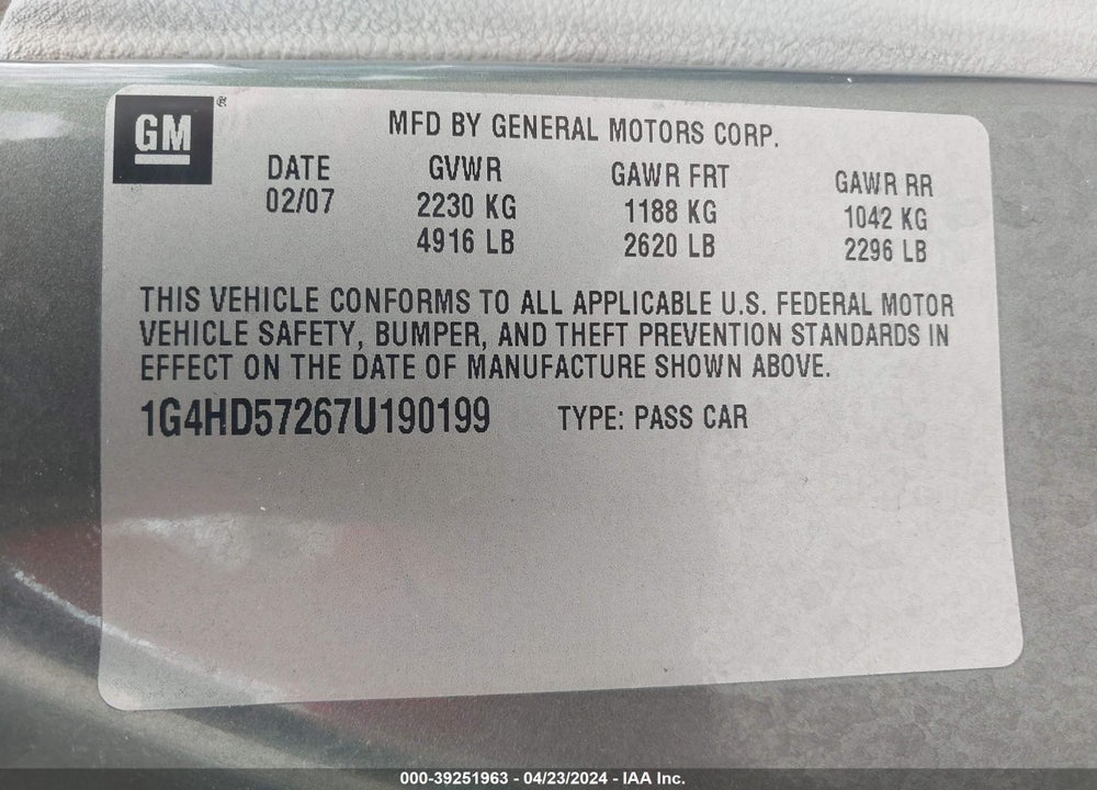 2007 BUICK LUCERNE CXL VIN: 1G4HD57267U190199