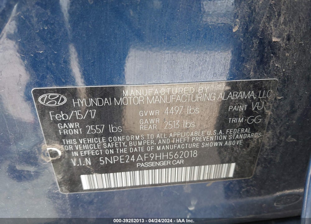 2017 HYUNDAI SONATA VIN: 5NPE24AF9HH562018