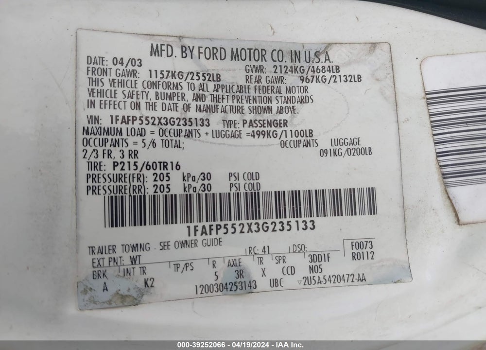 2003 FORD TAURUS SES VIN: 1FAFP552X3G235133