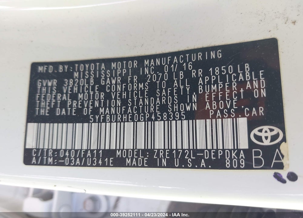 2016 TOYOTA COROLLA L VIN: 5YFBURHE0GP458395