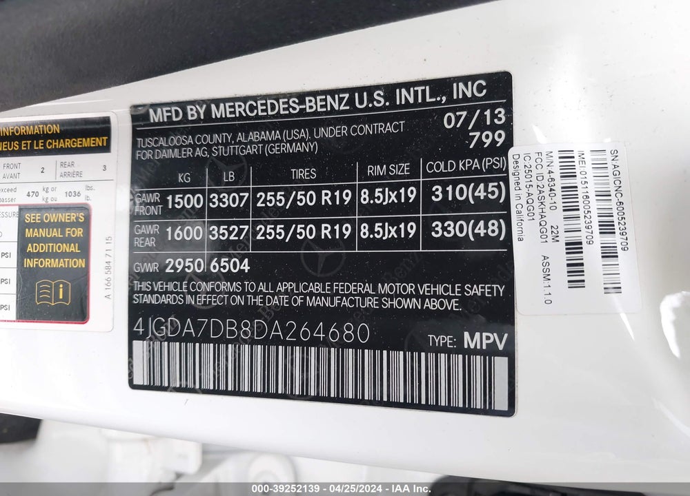 2013 MERCEDES-BENZ ML 550 4MATIC VIN: 4JGDA7DB8DA264680