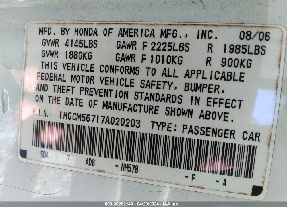 2007 HONDA ACCORD 2.4 EX VIN: 1HGCM56717A020203