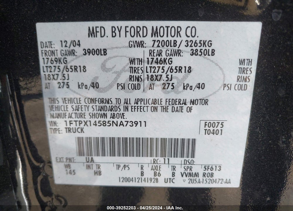 2005 FORD F-150 FX4/LARIAT/XL/XLT VIN: 1FTPX14585NA73911