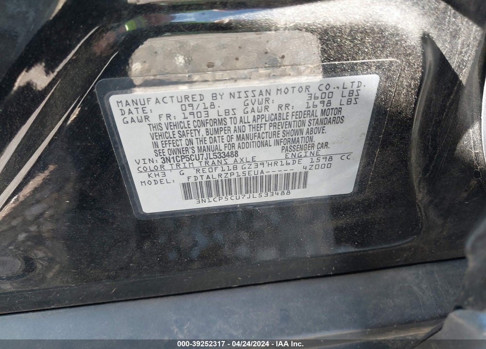 2018 NISSAN KICKS S VIN: 3N1CP5CU7JL533488