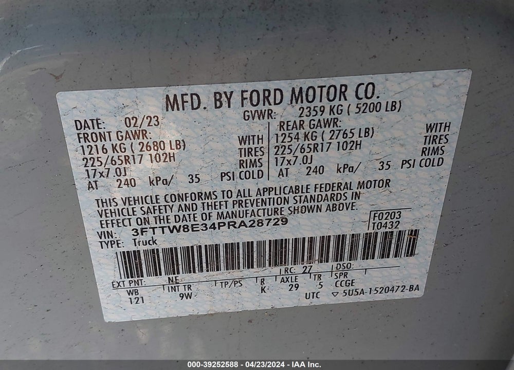 2023 FORD MAVERICK XL VIN: 3FTTW8E34PRA28729