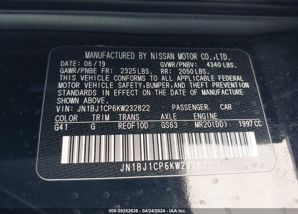 2019 NISSAN ROGUE SPORT SV VIN: JN1BJ1CP6KW232822