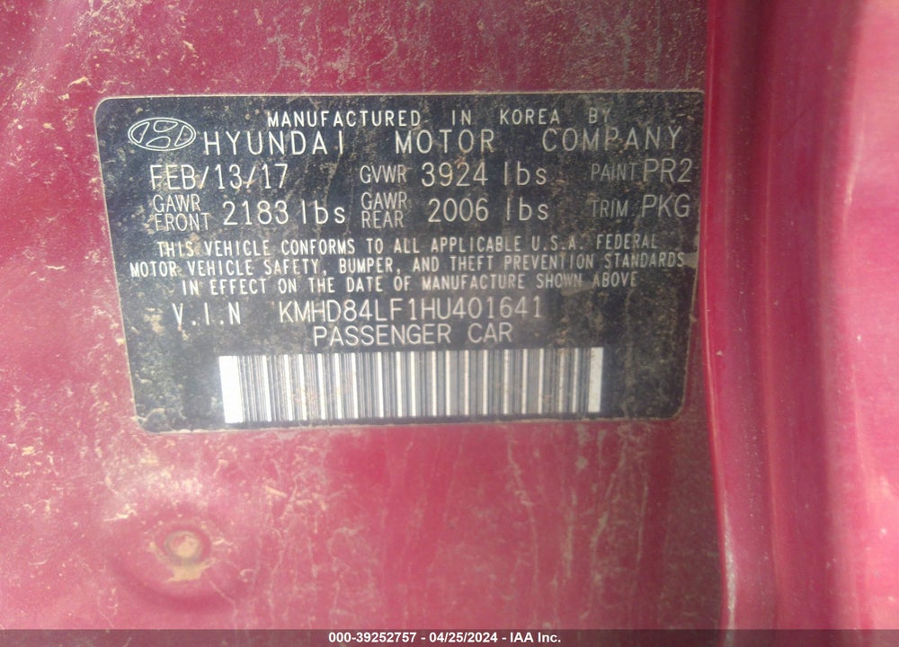 2017 HYUNDAI ELANTRA SE VIN: KMHD84LF1HU401641