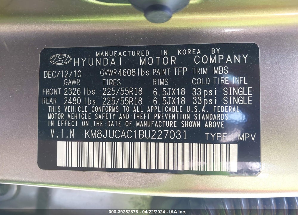 2011 HYUNDAI TUCSON LIMITED VIN: KM8JUCAC1BU227031