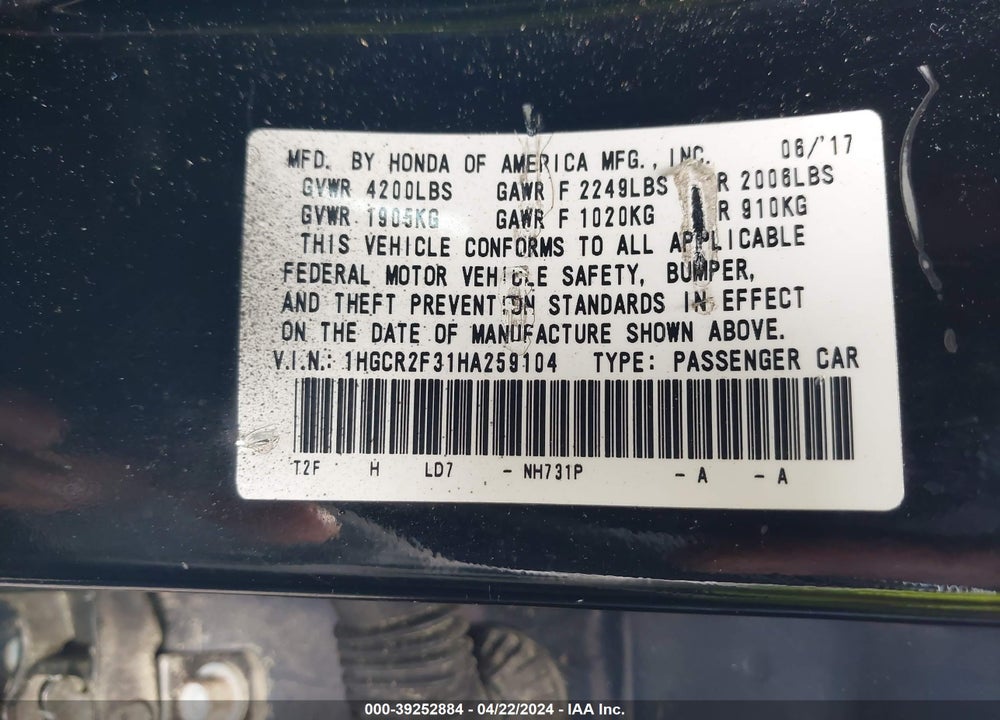 2017 HONDA ACCORD VIN: 1HGCR2F31HA259104