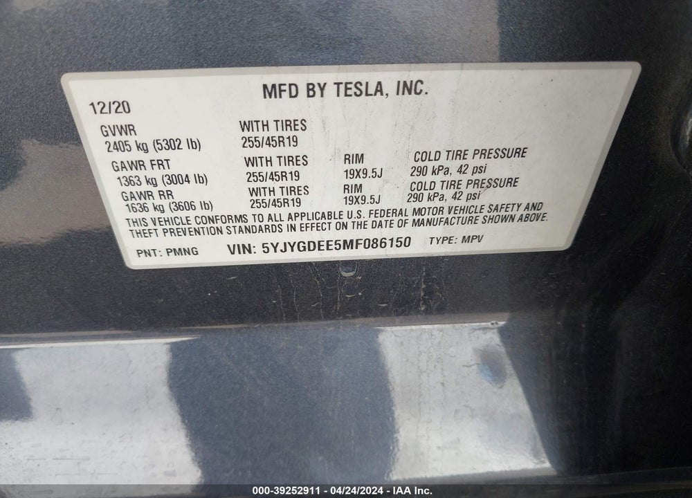 2021 TESLA MODEL Y LONG RANGE DUAL MOTOR ALL-WHEEL DRIVE VIN: 5YJYGDEE5MF086150