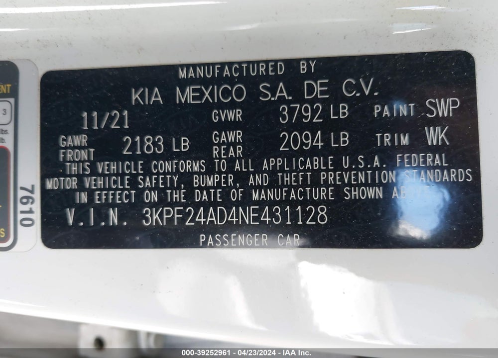 2022 KIA FORTE LXS VIN: 3KPF24AD4NE431128