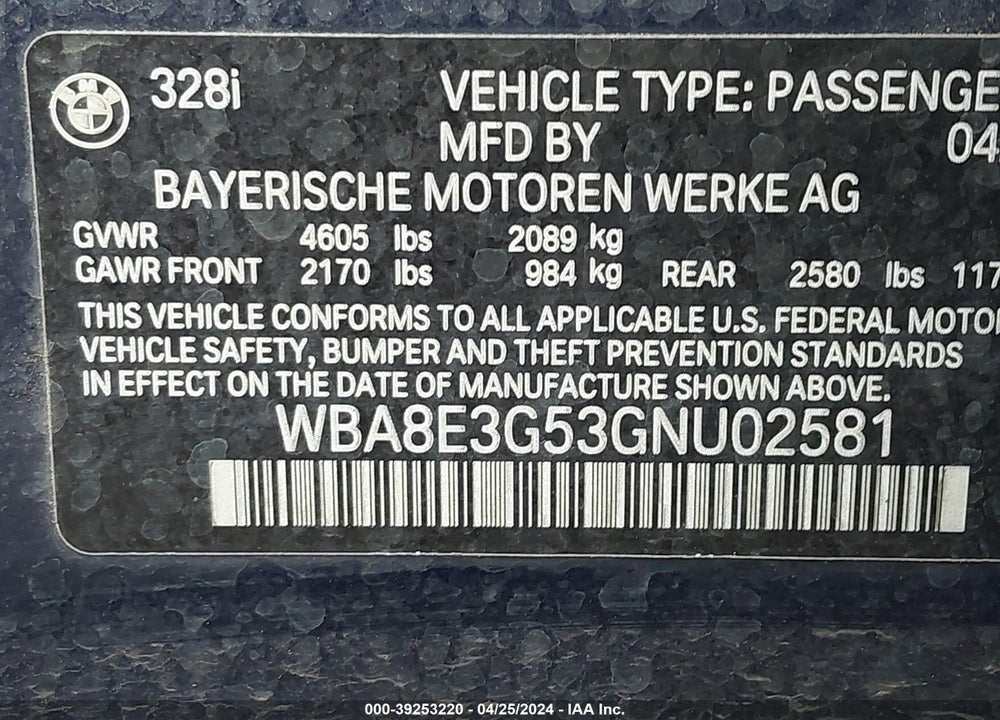 2016 BMW 328I XDRIVE VIN: WBA8E3G53GNU02581
