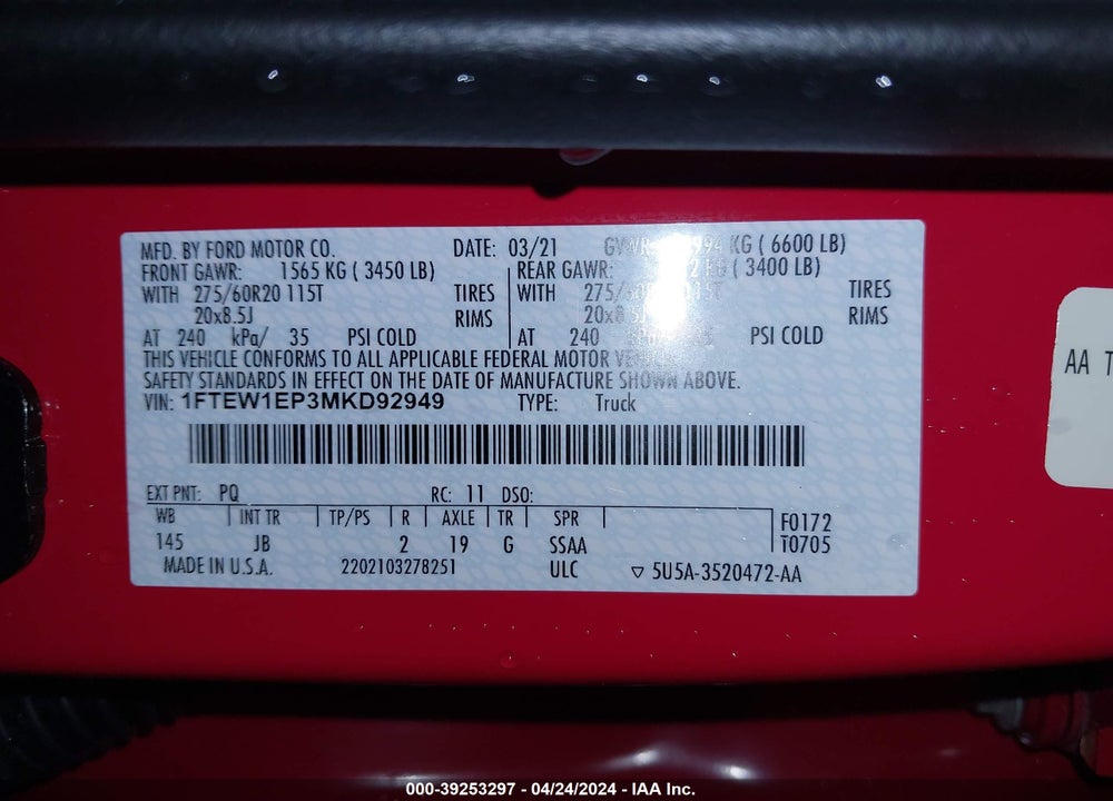 2021 FORD F-150 XL VIN: 1FTEW1EP3MKD92949