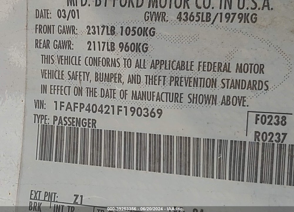 2001 FORD MUSTANG VIN: 1FAFP40421F190369