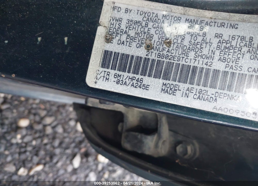 1996 TOYOTA COROLLA DX VIN: 2T1BB02E9TC171142