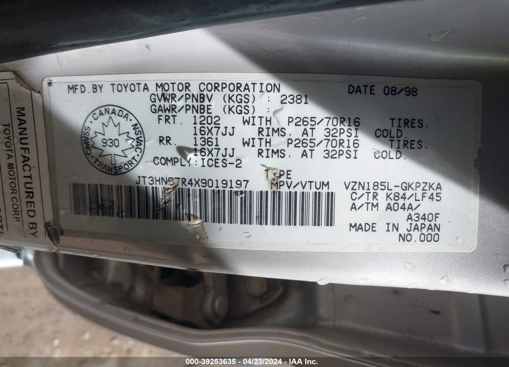1999 TOYOTA 4RUNNER LIMITED V6 VIN: JT3HN87R4X9019197