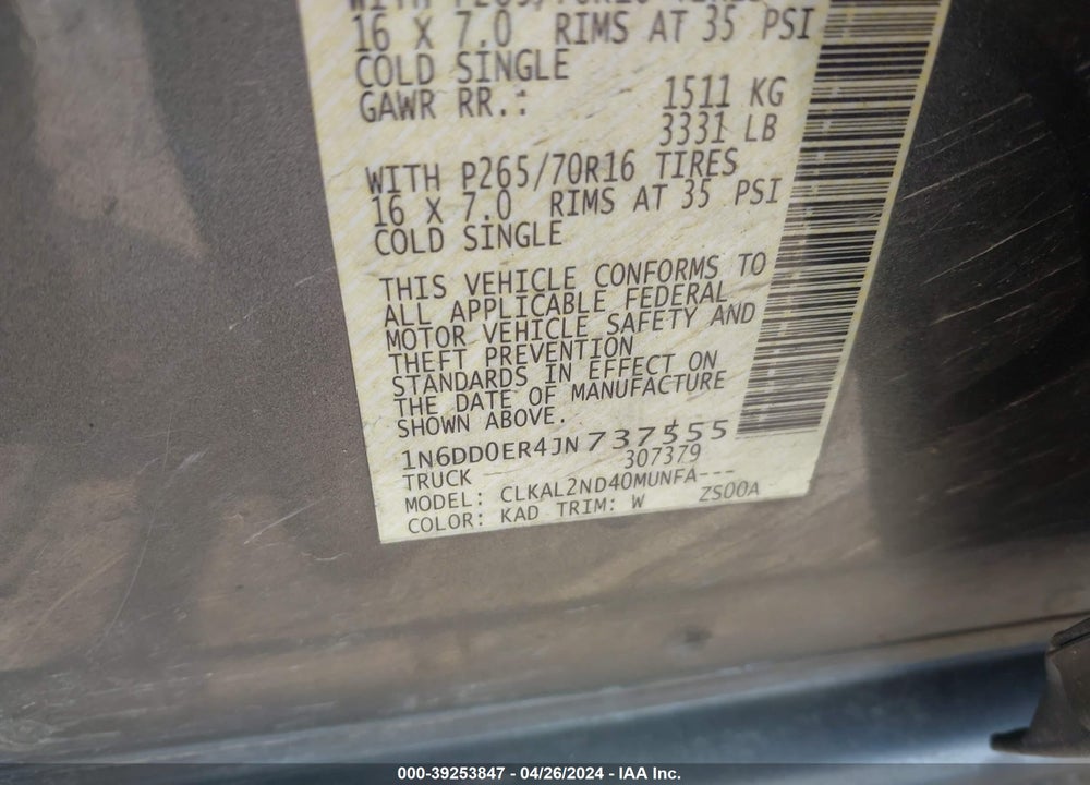 2018 NISSAN FRONTIER SV VIN: 1N6DD0ER4JN737555