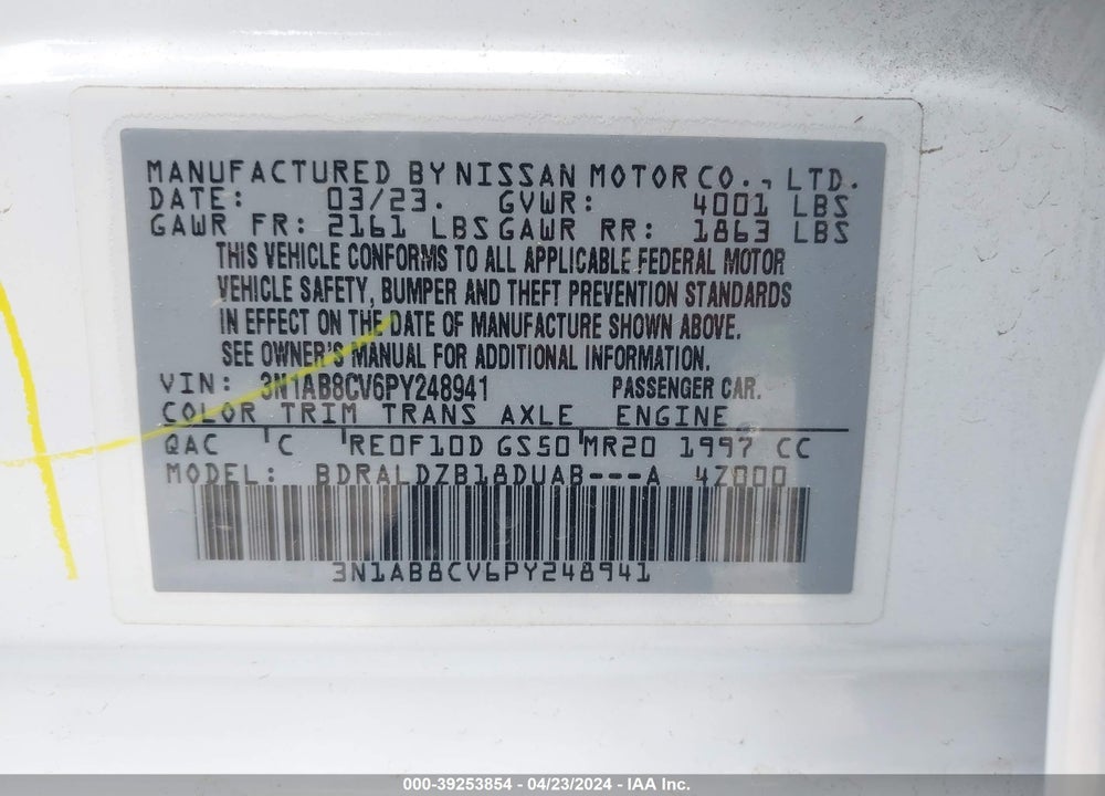 2023 NISSAN SENTRA SV XTRONIC CVT VIN: 3N1AB8CV6PY248941