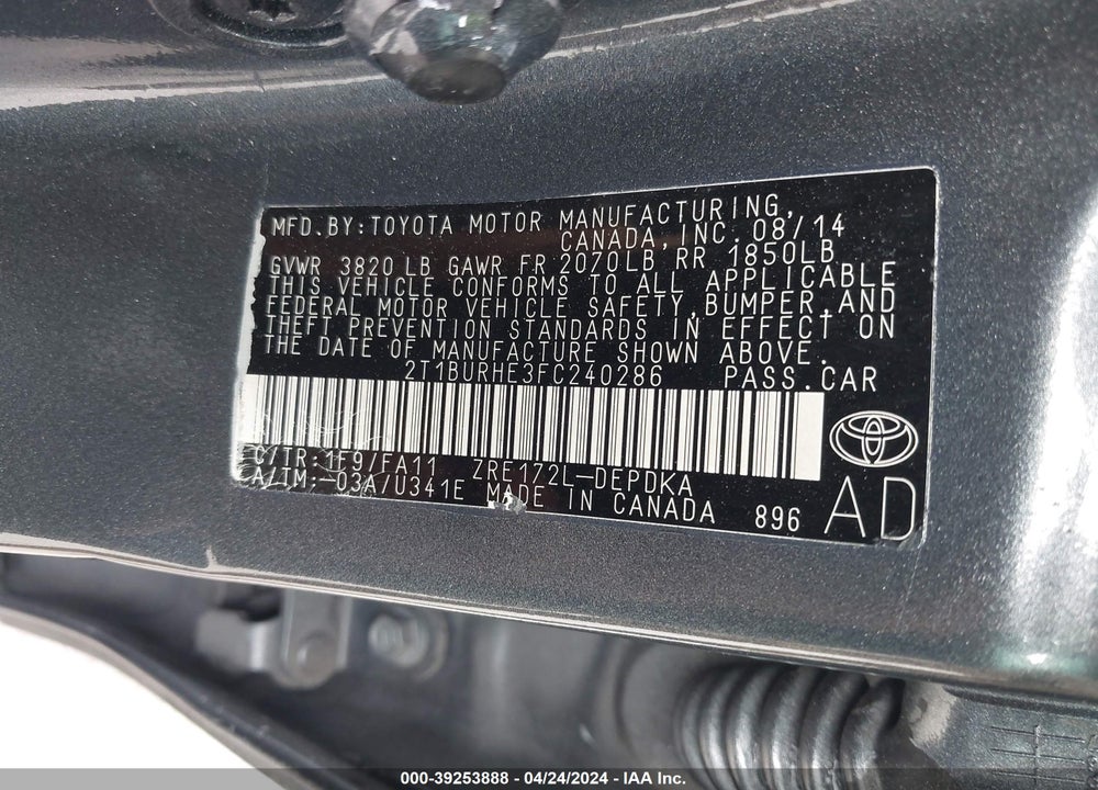 2015 TOYOTA COROLLA L VIN: 2T1BURHE3FC240286