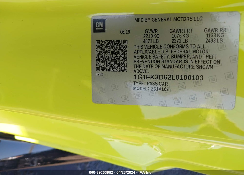 2020 CHEVROLET CAMARO RWD ZL1 VIN: 1G1FK3D62L0100103