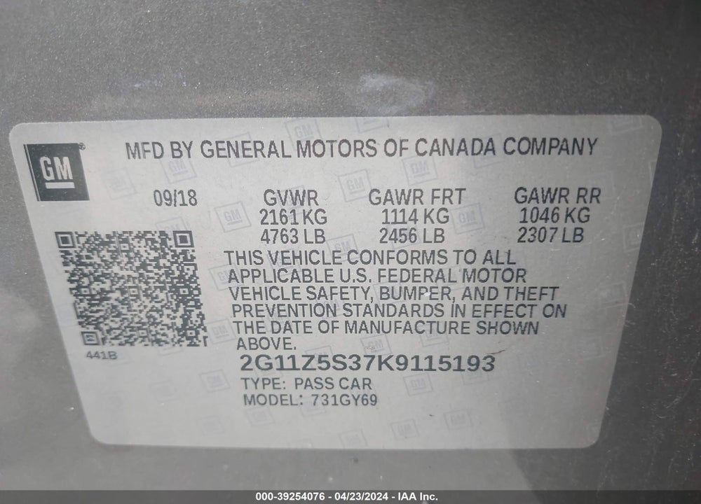 2019 CHEVROLET IMPALA LT VIN: 2G11Z5S37K9115193
