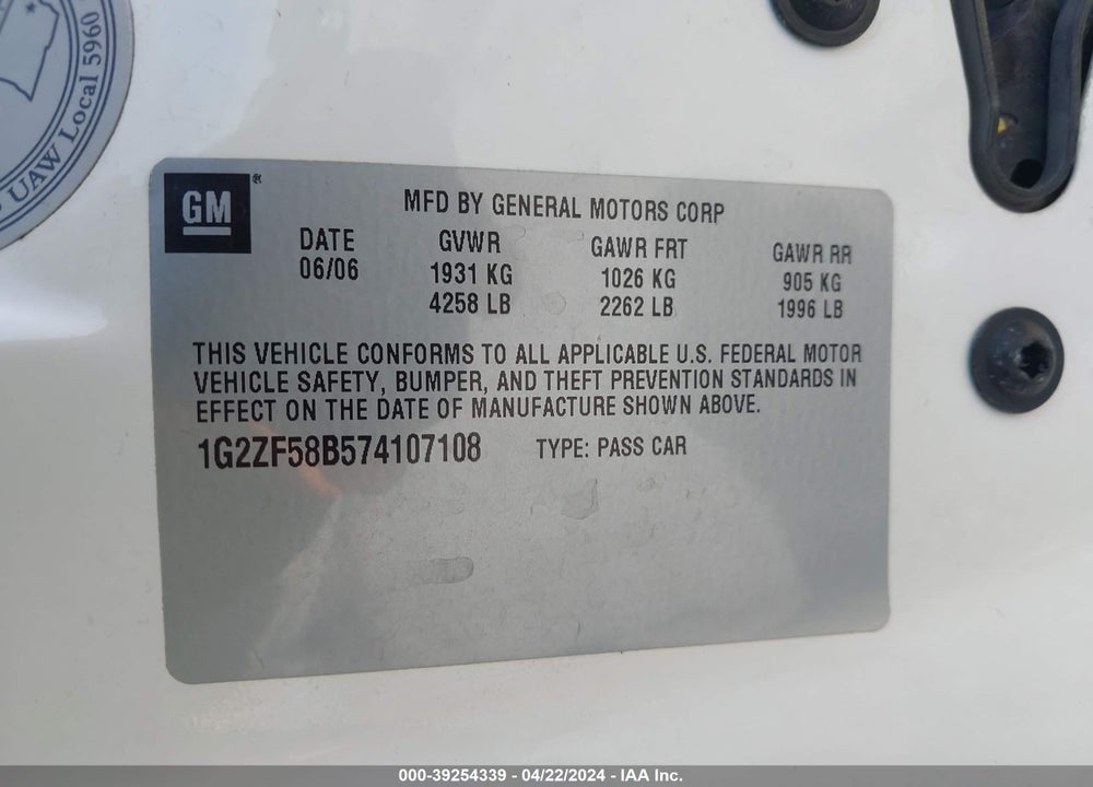 2007 PONTIAC G6 VALUE LEADER VIN: 1G2ZF58B574107108