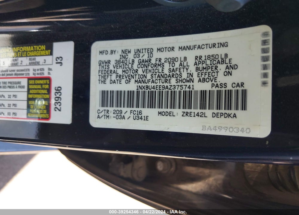 2010 TOYOTA COROLLA LE VIN: 1NXBU4EE9AZ375741