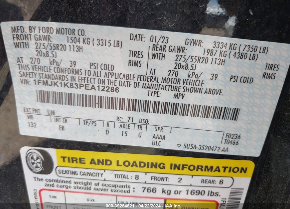 2023 FORD EXPEDITION LIMITED MAX VIN: 1FMJK1K83PEA12286