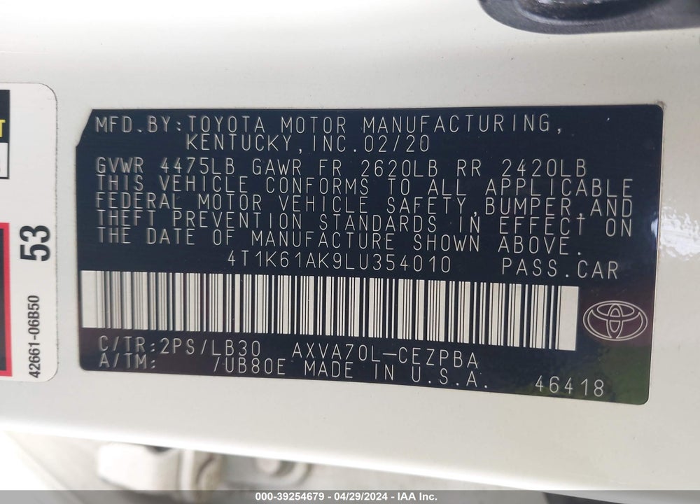 2020 TOYOTA CAMRY XSE VIN: 4T1K61AK9LU354010
