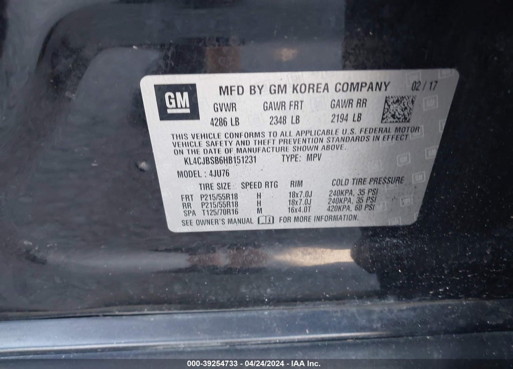 2017 BUICK ENCORE PREFERRED II VIN: KL4CJBSB6HB151231