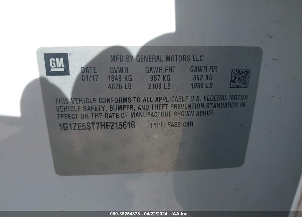 2017 CHEVROLET MALIBU 1LT VIN: 1G1ZE5ST7HF215616