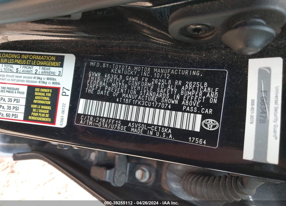 2012 TOYOTA CAMRY SE VIN: 4T1BF1FK3CU177074