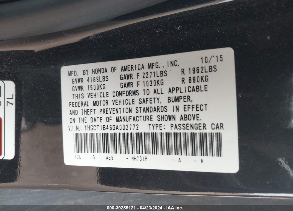 2016 HONDA ACCORD LX-S VIN: 1HGCT1B46GA002772