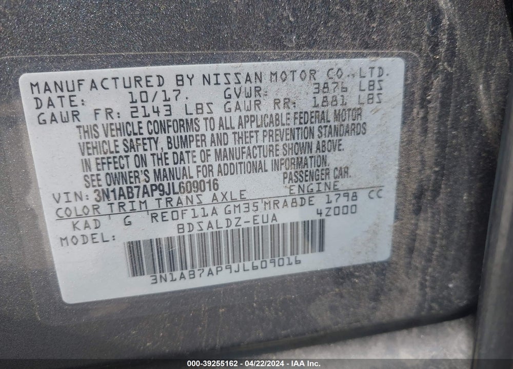2018 NISSAN SENTRA SV VIN: 3N1AB7AP9JL609016