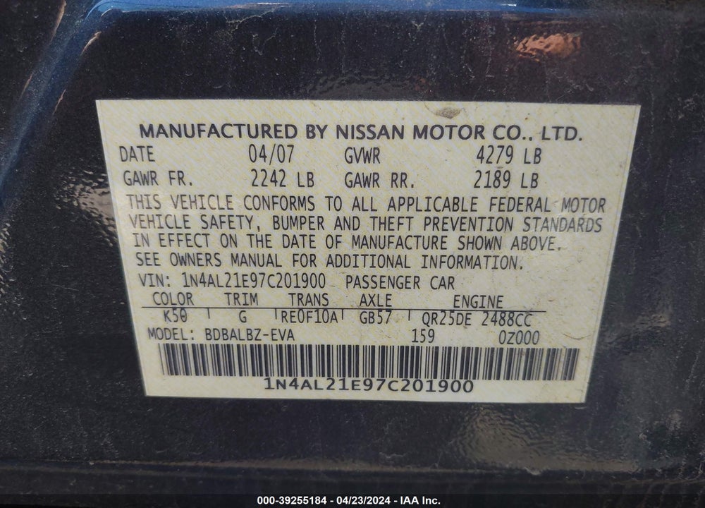 2007 NISSAN ALTIMA 2.5 S VIN: 1N4AL21E97C201900
