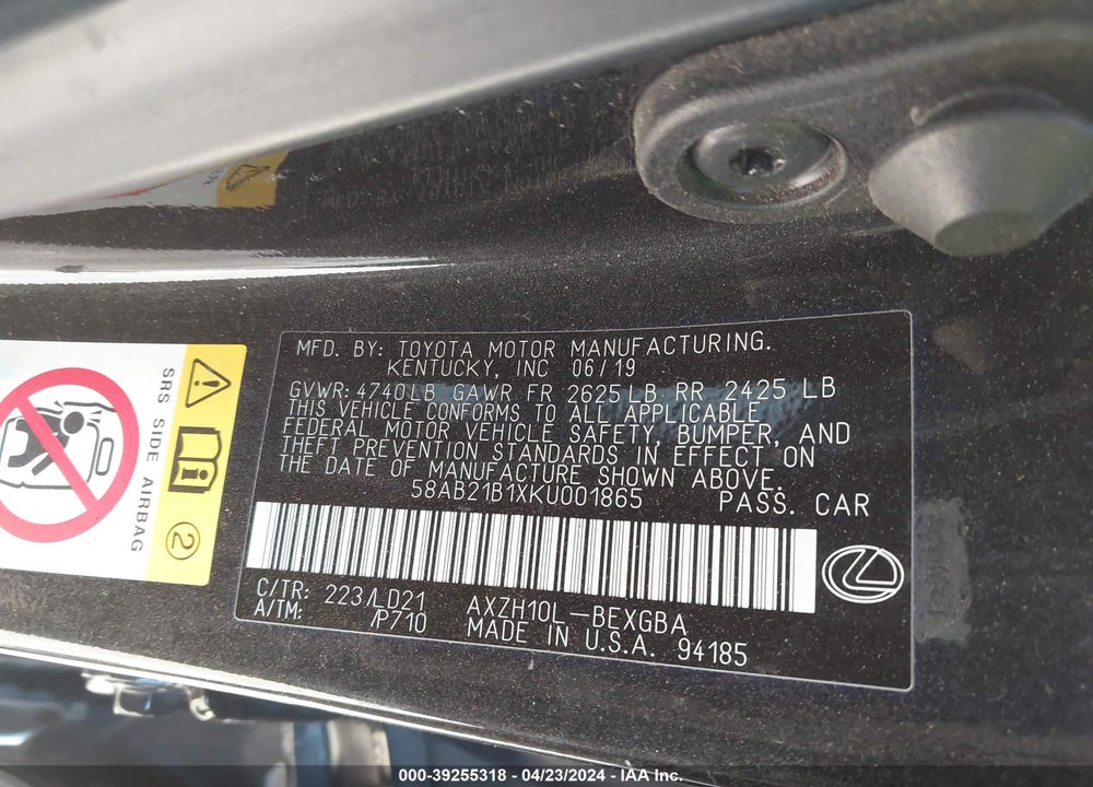 2019 LEXUS ES 300H VIN: 58AB21B1XKU001865