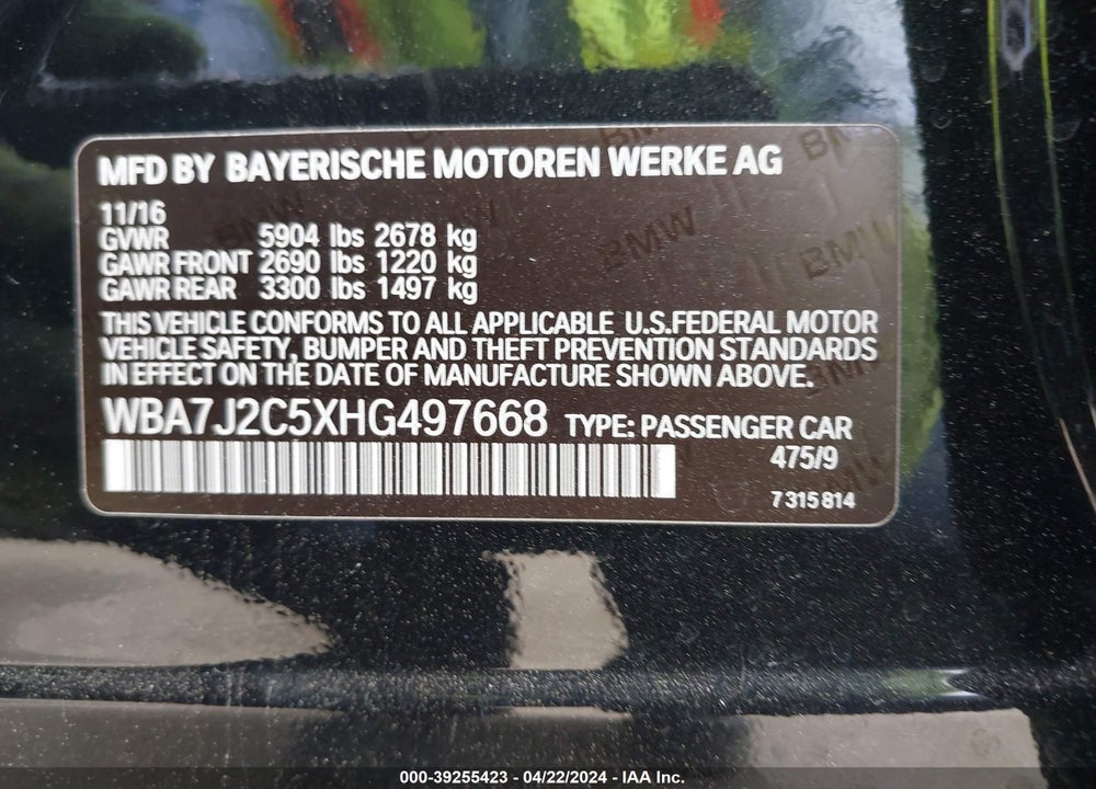2017 BMW 740E XDRIVE IPERFORMANCE VIN: WBA7J2C5XHG497668