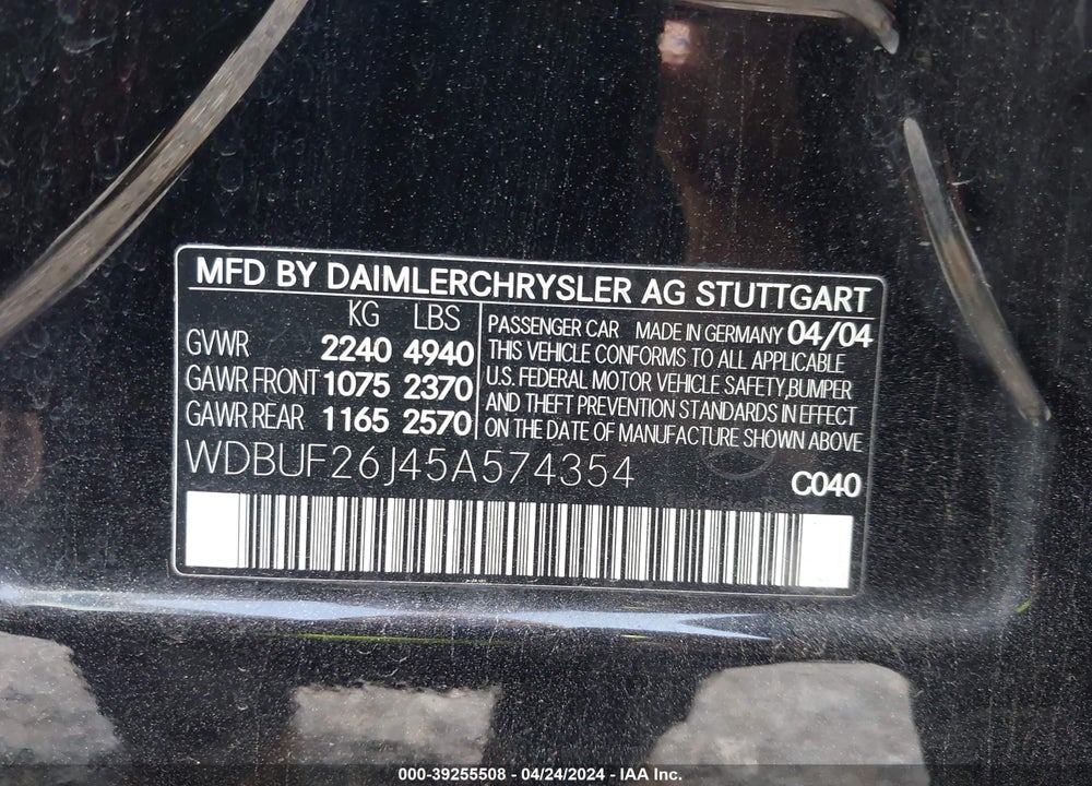 2005 MERCEDES-BENZ E 320 CDI VIN: WDBUF26J45A574354