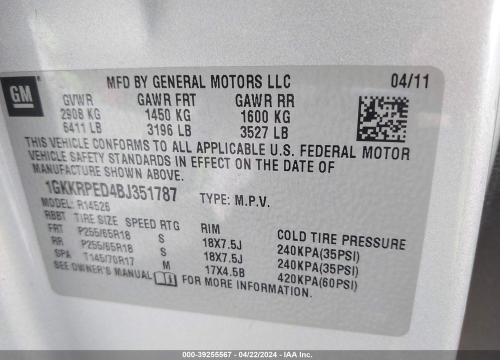 2011 GMC ACADIA SLE VIN: 1GKKRPED4BJ351787
