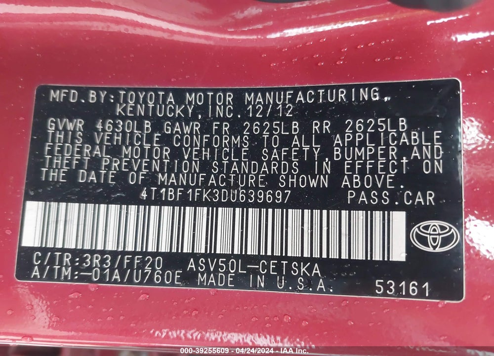 2013 TOYOTA CAMRY SE VIN: 4T1BF1FK3DU639697