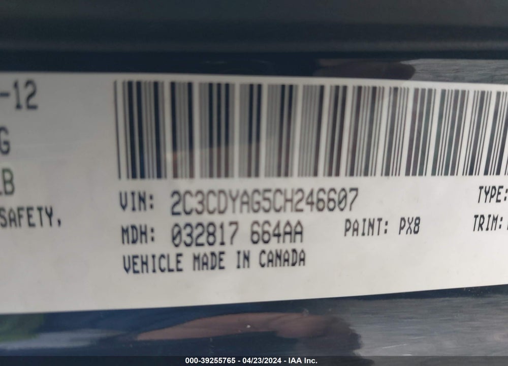 2012 DODGE CHALLENGER SXT VIN: 2C3CDYAG5CH246607