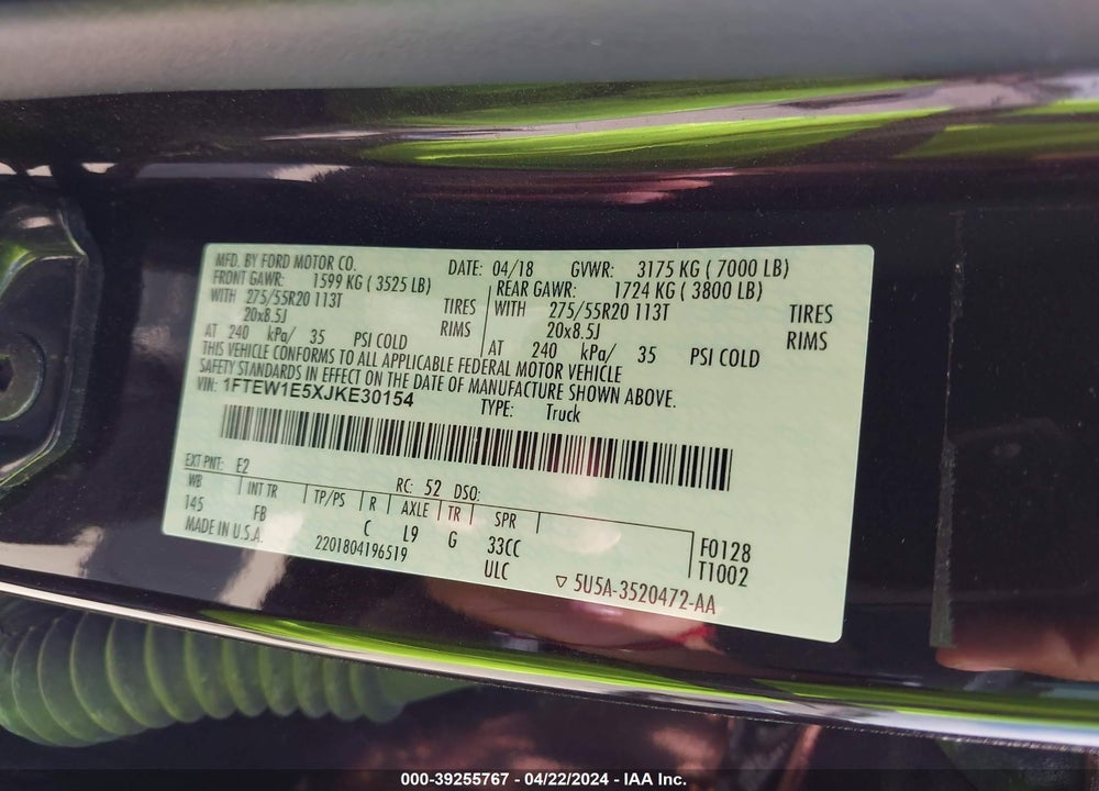 2018 FORD F-150 XLT VIN: 1FTEW1E5XJKE30154