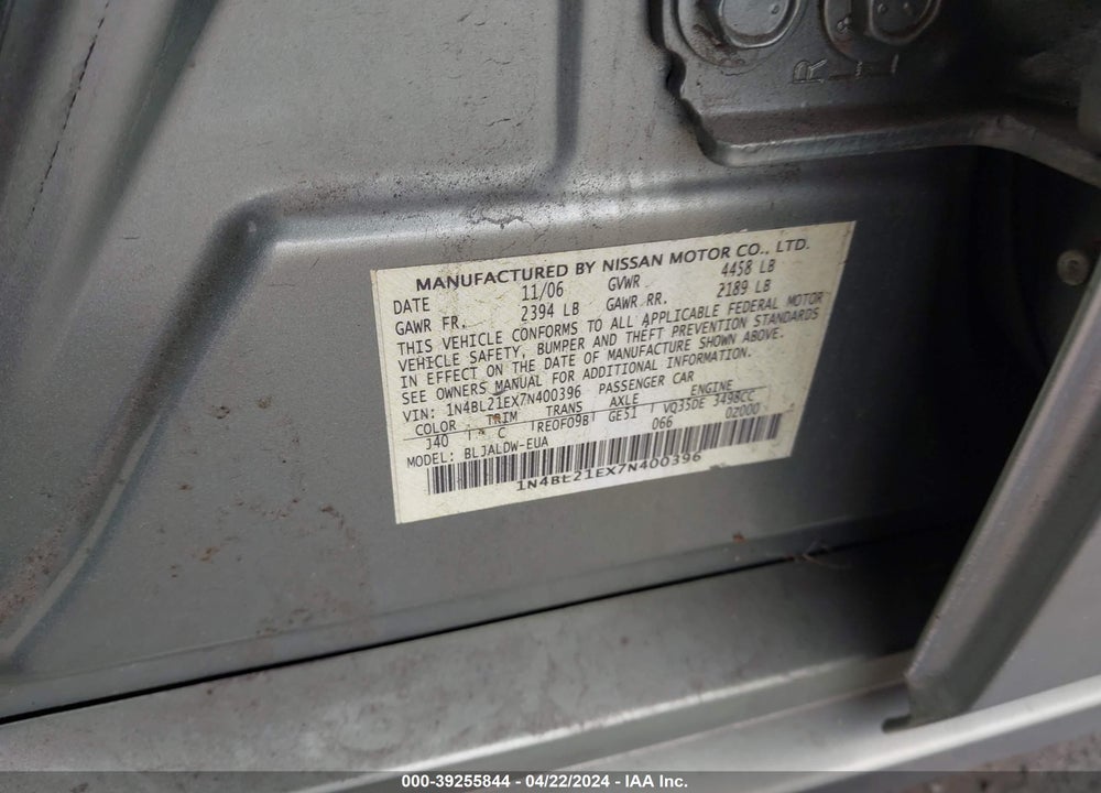2007 NISSAN ALTIMA 3.5 SE VIN: 1N4BL21EX7N400396