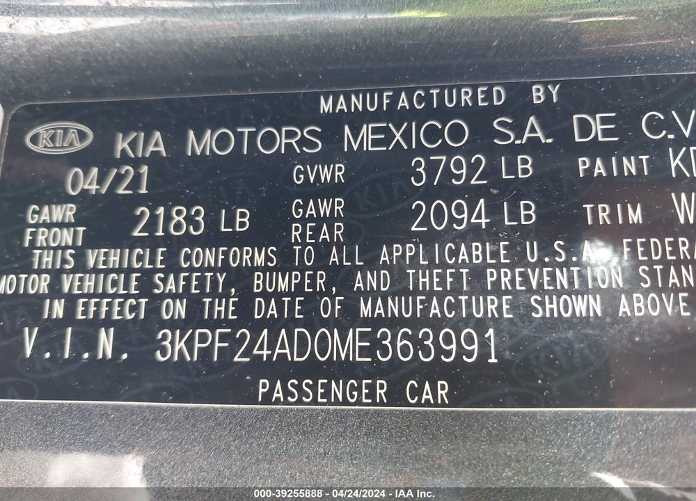 2021 KIA FORTE LXS VIN: 3KPF24AD0ME363991