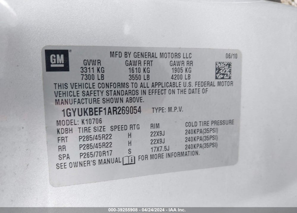 2010 CADILLAC ESCALADE LUXURY VIN: 1GYUKBEF1AR269054