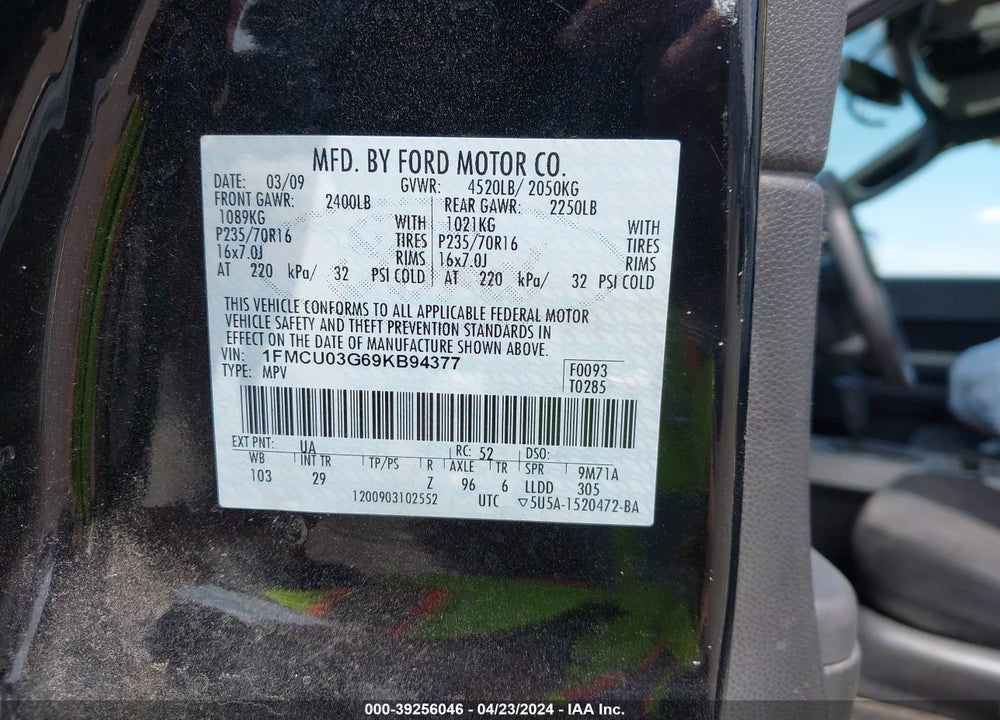 2009 FORD ESCAPE XLT VIN: 1FMCU03G69KB94377