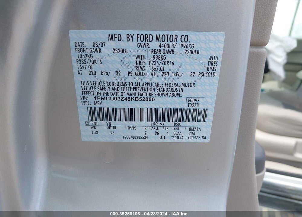 2008 FORD ESCAPE XLT VIN: 1FMCU03Z48KB52886