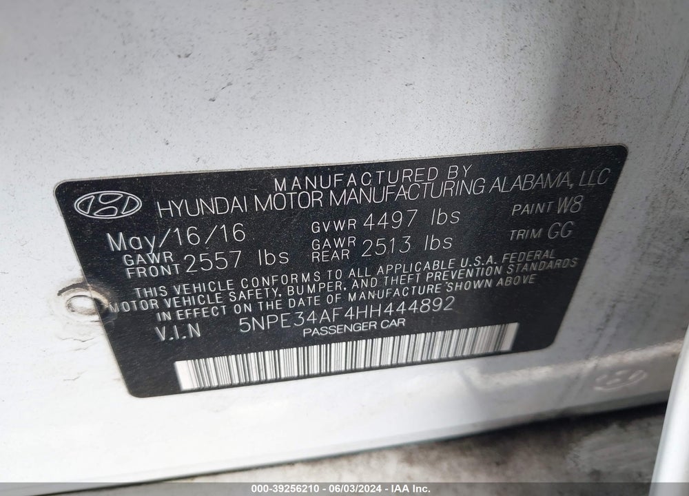 2017 HYUNDAI SONATA SPORT VIN: 5NPE34AF4HH444892