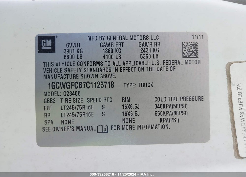 2012 CHEVROLET EXPRESS 2500 WORK VAN VIN: 1GCWGFCB7C1123718